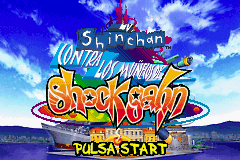 Shin-Chan Contra los Munecos de Shock Gahn title screen for GameBoy Advance